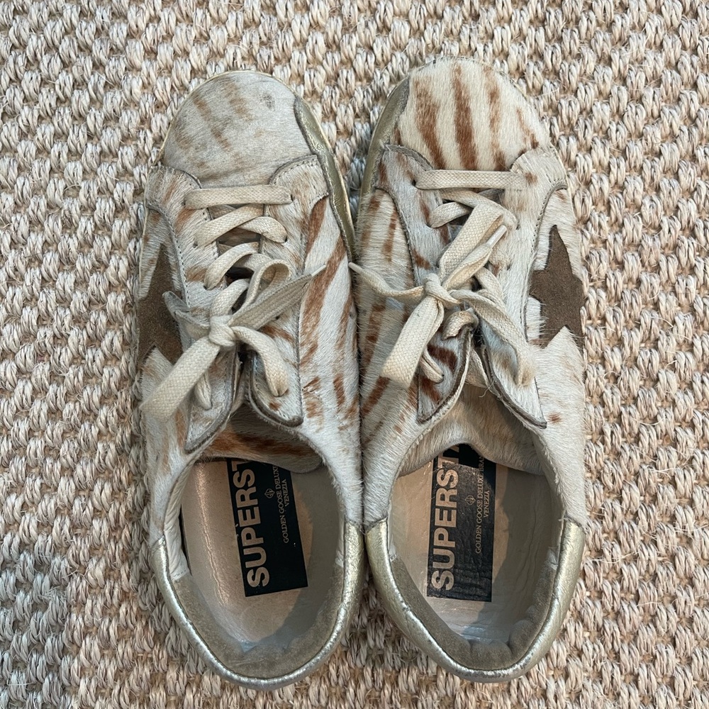 Golden Goose Light Brown Zebra Fur Sneakers
